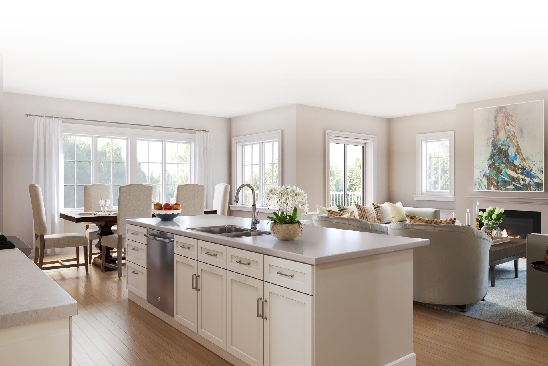A view of the kitchen in the Cushing home model in Wolcott Woods, a luxury home for sale in Milton, MA